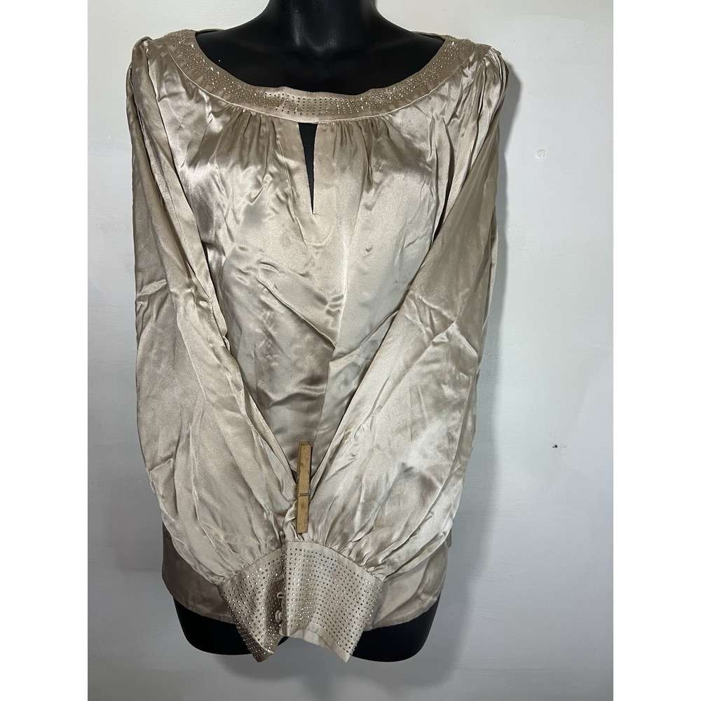 White House Black Market Silk Blouse Long Sleeve Tan Beige Southern Concert s10
